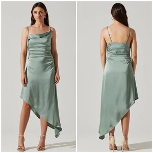 ASTR The Label Mirie Sage Green Asymmetric Satin Midi Dress Size M